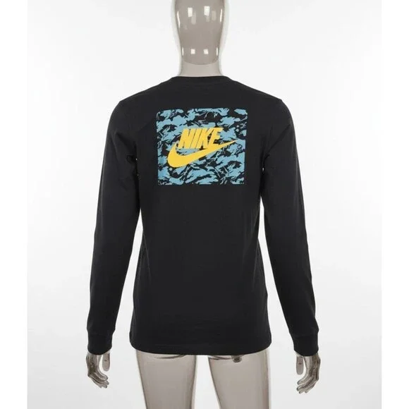Men's M Nike The Nike Tee Black L/S T-Shirt Yellow Swoosh Blue Camo Back Graphi - Picture 2 of 12